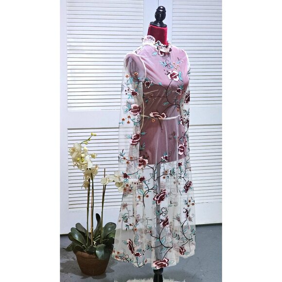 NWT Endless Rose Women's Embroidered Boho Sheer Overlay Midi Dress Sz Xs 2452 - Picture 3 of 16